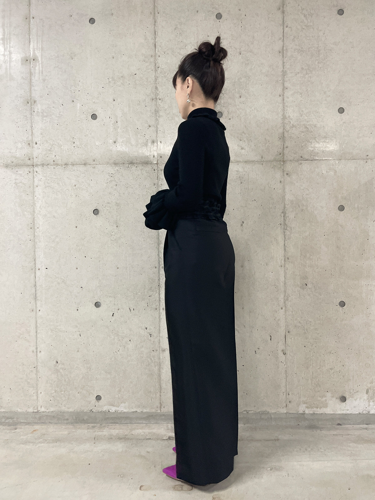 Frill wide pant Black