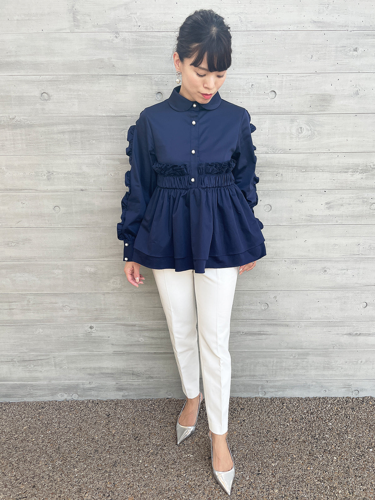 Peplum Frill Blouse Navy / ペプラムフリルブラウス ネイビー – youa