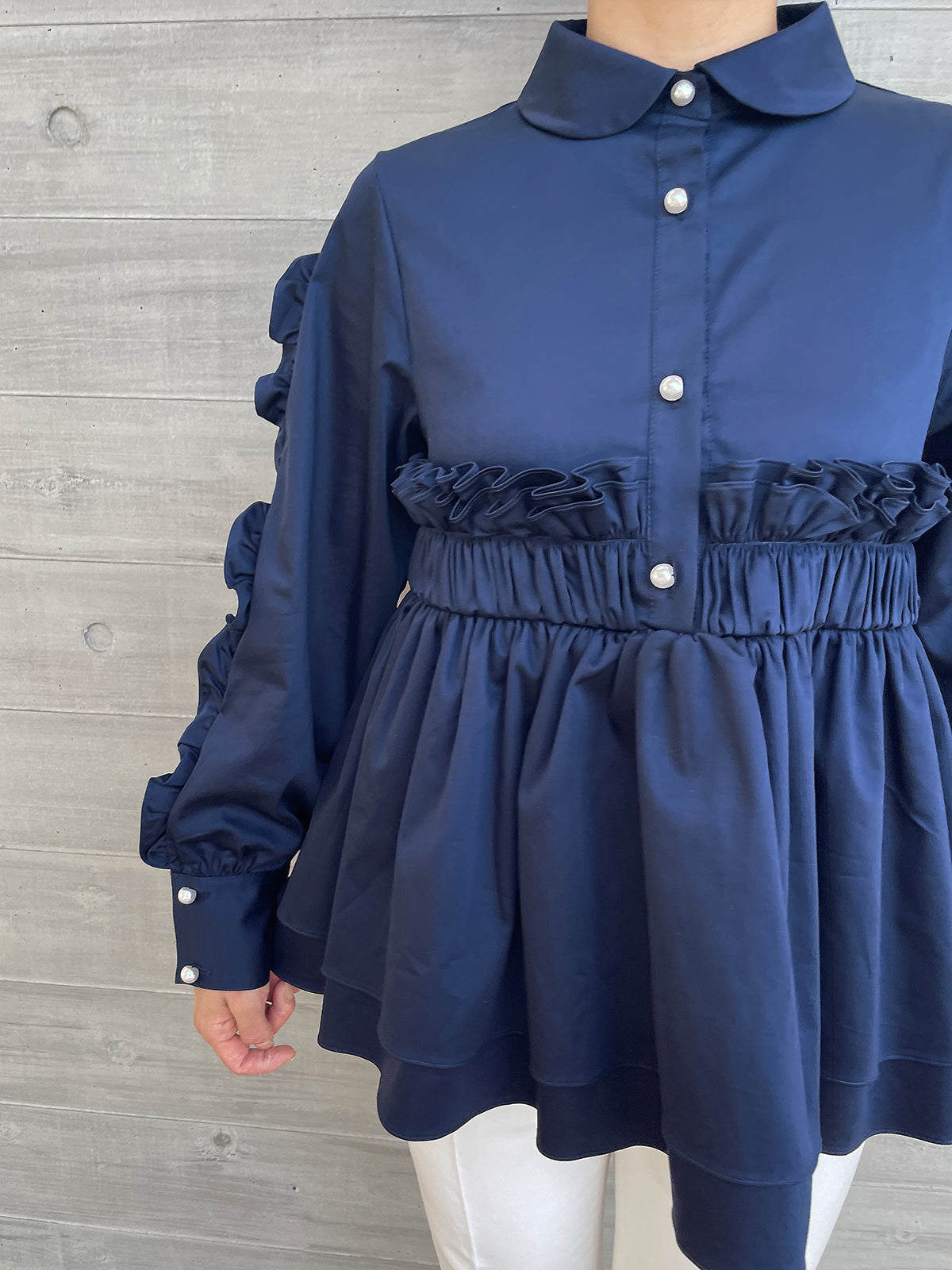 Peplum Frill Blouse Navy / ペプラムフリルブラウス ネイビー – youa