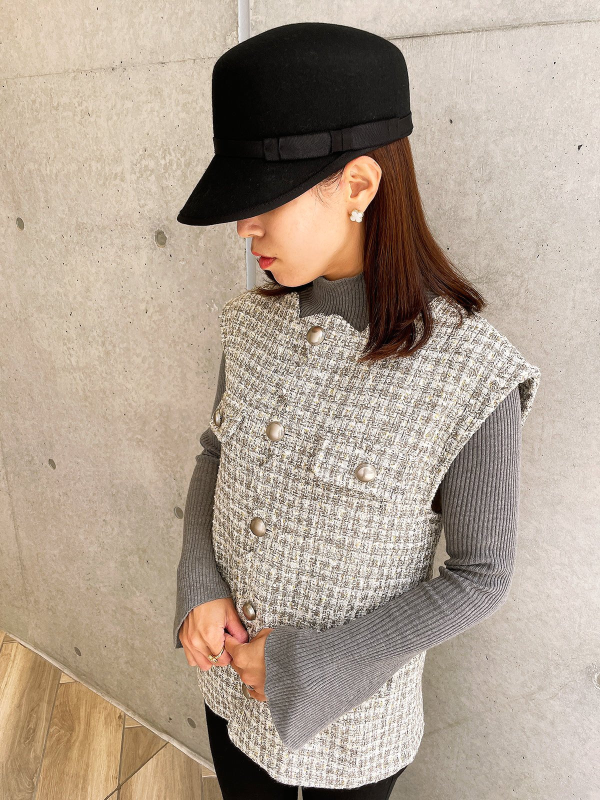 Scallop Tweed Gilet Gray / スカラップツイードジレ グレー – youa by NT