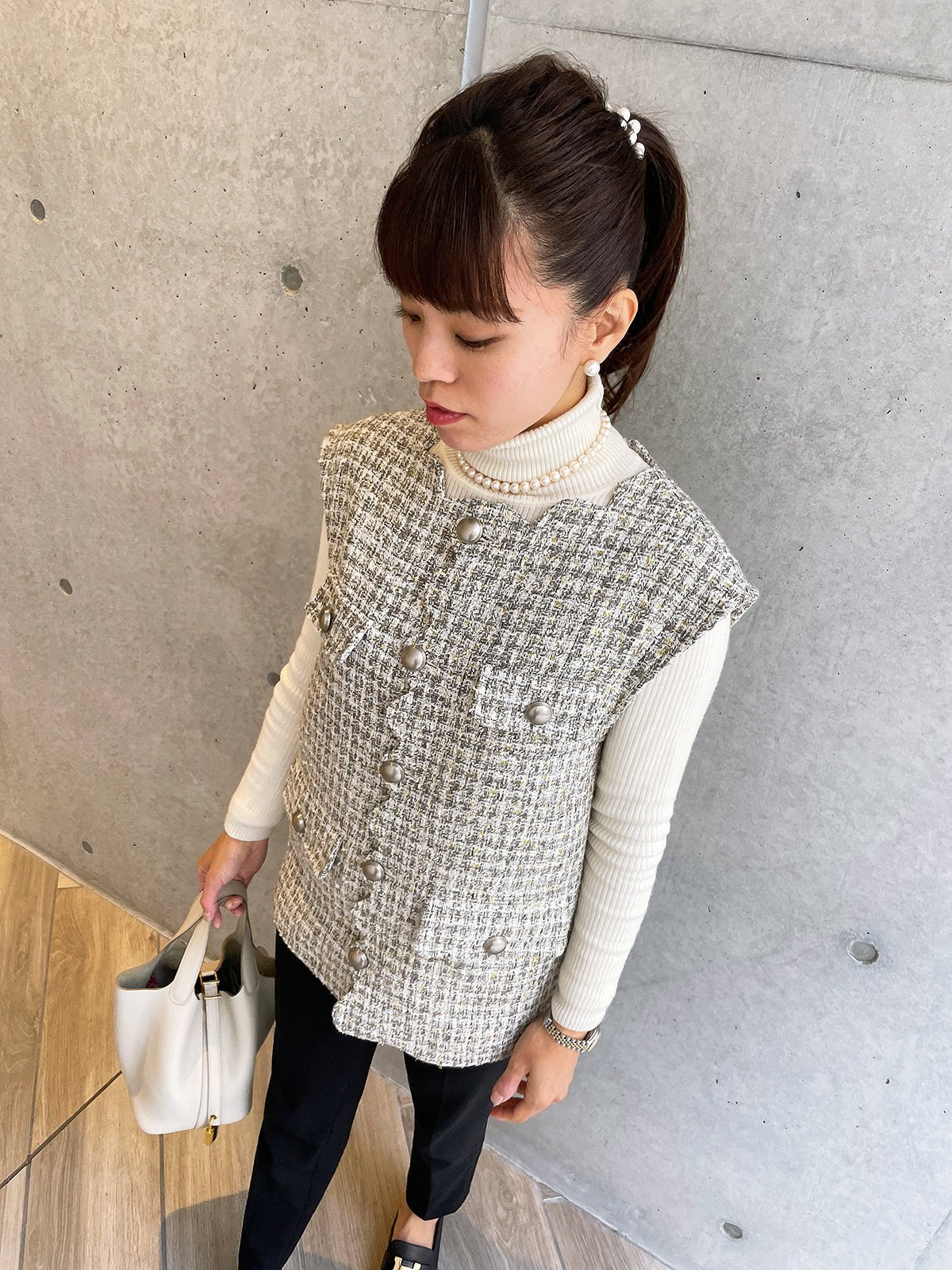 Scallop Tweed Gilet Gray / スカラップツイードジレ グレー – youa by NT