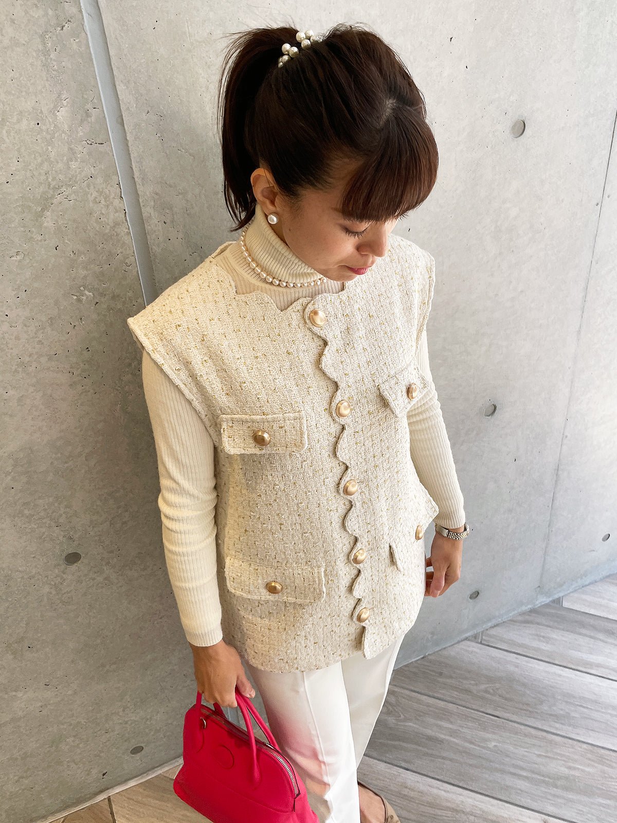 Scallop Tweed Gilet White