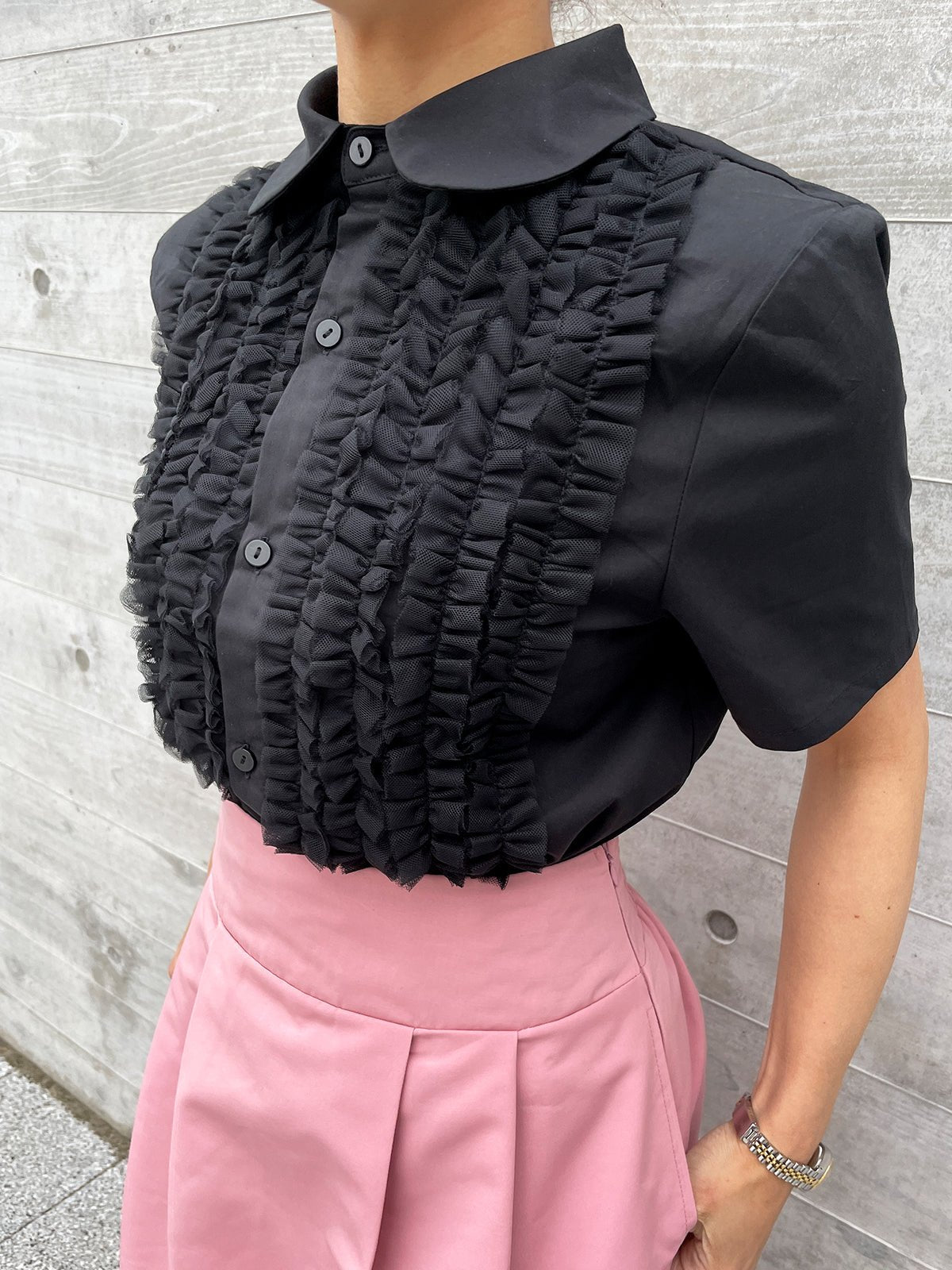 TULLE FRILL Blouse Black